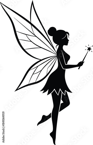 Silhouette of a fairy with wings holding a magic wand vector illustration
