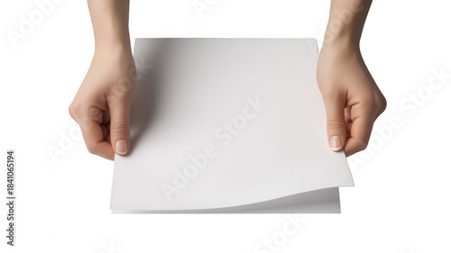 Hands holding blank white paper sheet isolated on transparent background