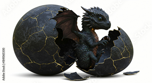 A newly hatched baby dragon emerges from its cracked black egg, showing its wings and head