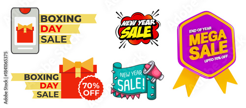 Collection of vibrant sale banners and badges for boxing day and new year promotions