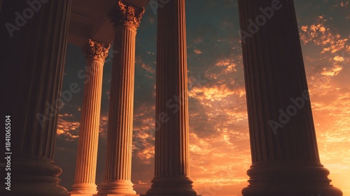 neoclassical. Majestic neoclassical architecture silhouetted against a vibrant sunset, evoking timeless grandeur. inspiring travel planning.