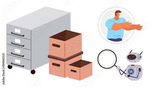Office filing cabinet and cardboard boxes for organizing. Robot and magnifying glass for automation and analysis. Ideal for efficiency, technology, data management, search, organization, teamwork