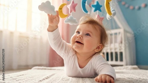 Baby reaching for hanging mobile in bright nursery, early childhood development and sensory exploration