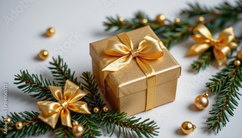 Elegant Golden Gift Box Surrounded by Christmas Decorations and Greenery on White Background