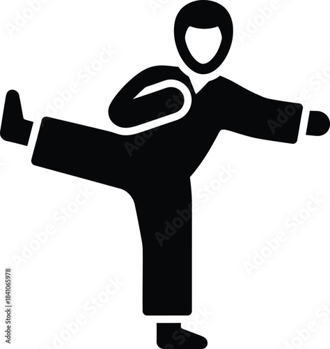 Black Silhouette Icon of a Person Performing a Karate Kick on a White Background martial arts fighter