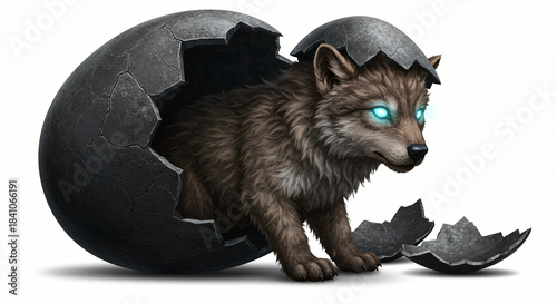 A captivating newborn wolf pup with striking glowing blue eyes emerges from a dark, shattered egg, symbolizing a powerful new beginning and the birth of a mystical forest creature