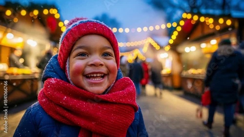 Toddler with red cheeks from cold in festive outdoor market, winter joy and childhood happiness