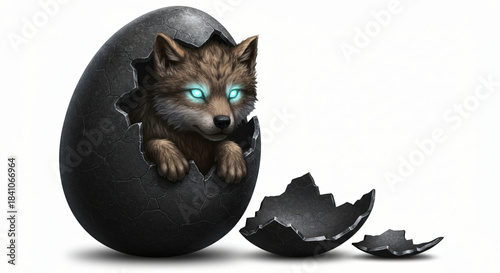 A captivating wolf pup with glowing blue eyes emerges from a dark, cracked egg, symbolizing a powerful new beginning and the untamed spirit of the wild, a fantasy creature birth