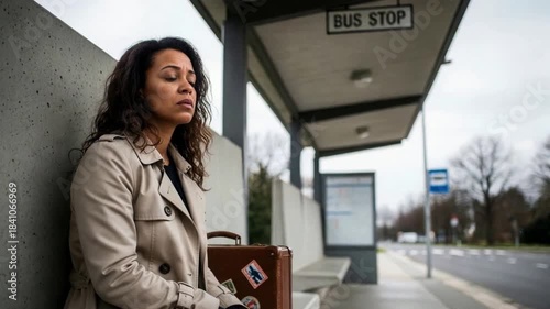 Exhausted woman waiting at bus stop with suitcase, travel fatigue and urban transit delay