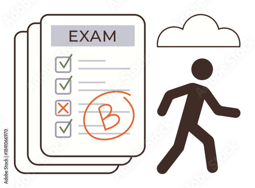 Graded exam paper featuring marked answers and a grade B alongside a walking person. Ideal for education, evaluation, achievement, personal growth, decision-making, learning outcomes, and reflection