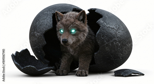 Mystical gray wolf pup with vibrant glowing blue eyes emerges powerfully from a cracked, ancient dark stone egg, symbolizing new beginnings and mythical birth against a pristine white background