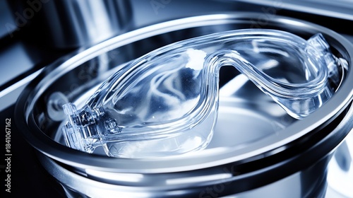 bifocal. A clear anesthesia mask on a sterile steel tray in a clinical setting. STEM education sheets, lab safety posters, designed for STEM education and laboratory safety posters.