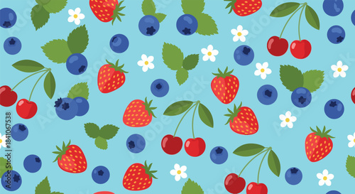 A cute and colorful seamless pattern of summer berries, including strawberries, blueberries, and cherries, on a blue background.