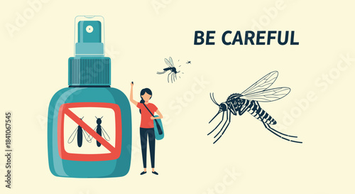 An informational poster warning to be careful of mosquitoes, featuring repellent spray, a person, and an insect illustration.