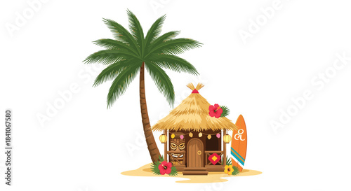 A charming tropical tiki bar hut on a sandy beach with a palm tree, surfboard, and hibiscus flowers for a summer vacation vibe.