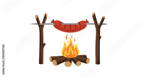 A juicy sausage roasting on a metal skewer over a crackling campfire with burning logs, isolated on a white background.