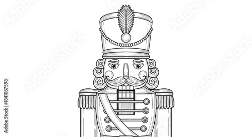 A detailed black and white line art illustration of a traditional Christmas nutcracker soldier with a mustache and tall hat.