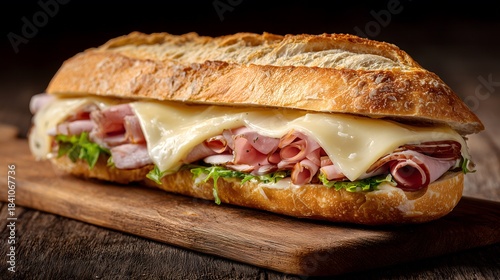 Classic Ham and Swiss Cheese Baguette Sandwich