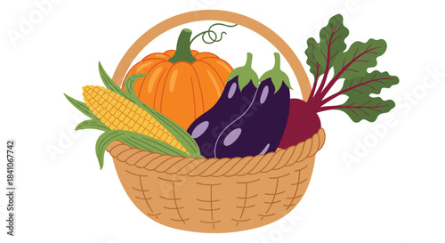A rustic wicker basket overflowing with a bountiful autumn harvest of fresh vegetables like pumpkin, corn, and eggplant.