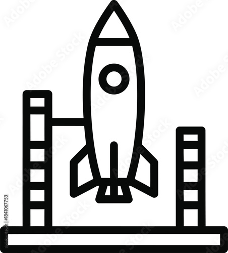 Rocket Ship Launch Pad Icon with Vertical Rocket and Support Structures Keywords: rocket, spaceship, launch, pad, space, shuttle, technology, exploration, travel, transport, vehicle, ignition