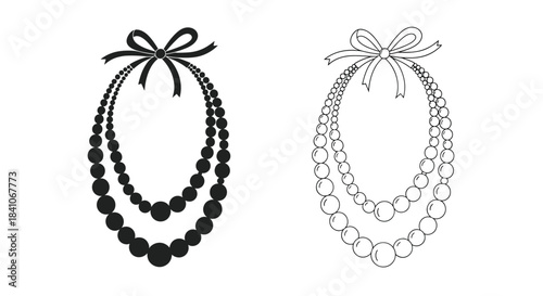 An elegant double-strand pearl necklace with a bow, shown as both a black silhouette icon and a detailed line art drawing.