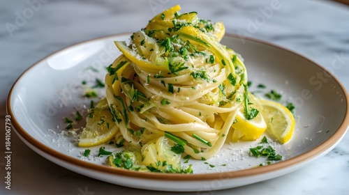 Lemon Butter Linguine Pasta with Zucchini Ribbons, Herbs, and Grated Parmesan Cheese