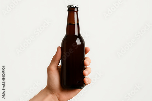 A hand holding a plain brown glass beer bottle with a silver cap against a smooth white backdrop ideal for product label design presentations mockup