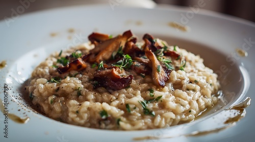 Creamy Italian Mushroom Risotto Drizzled with Truffle Oil and Topped with Parmesan Cheese