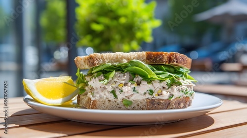 Homemade Tuna Salad Sandwich with Fresh Arugula and Cherry Tomatoes in Bright Sunlight