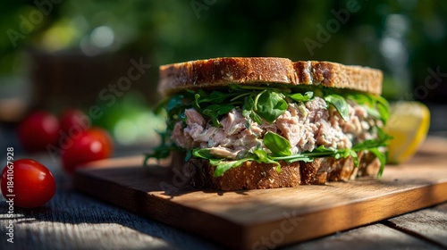 Homemade Tuna Salad Sandwich with Fresh Arugula and Cherry Tomatoes in Bright Sunlight