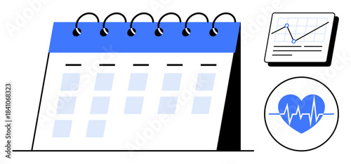 Desk calendar with marked dates, a health heartbeat icon, and a growth analytics chart. Ideal for scheduling, healthcare, fitness tracking, time tracking, business growth, personal organization
