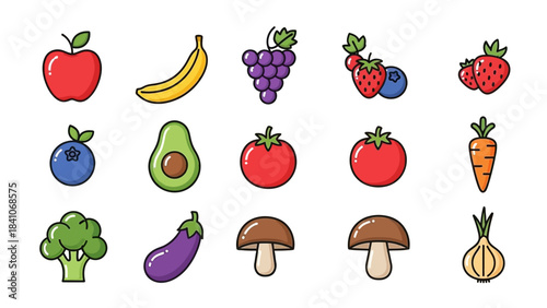 Colorful Icons of Fresh Fruits and Vegetables Representing Healthy Eating and Nutrition