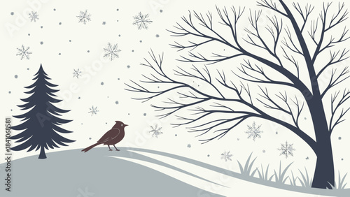 A winter scene with a bird standing in the snow next to a tree and a christmas tree image art