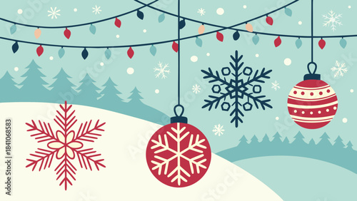 Festive winter scene with hanging ornaments, snowflakes, and a string of christmas lights in a snowy landscape