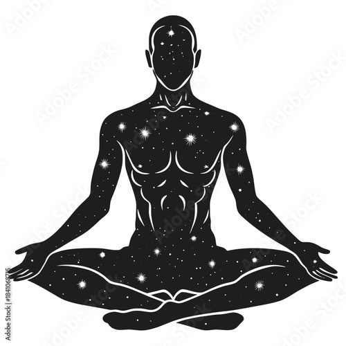 Universe inside meditating human silhouette, cosmic energy flow
