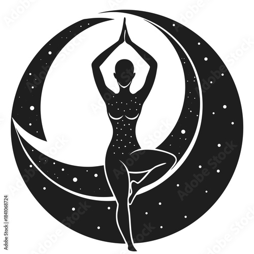 Meditative woman silhouette with celestial moon and stars design