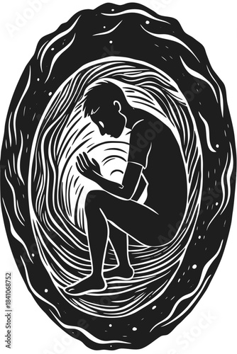 Isolated introspective man illustration in a confined space art