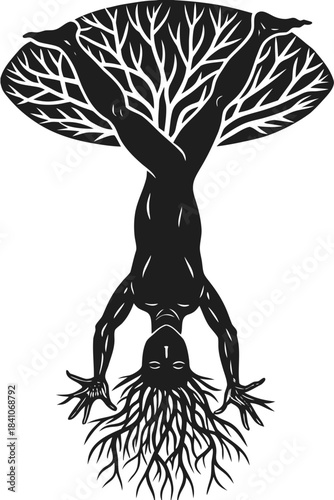 Inverted human tree figure silhouette with root hair and branches.