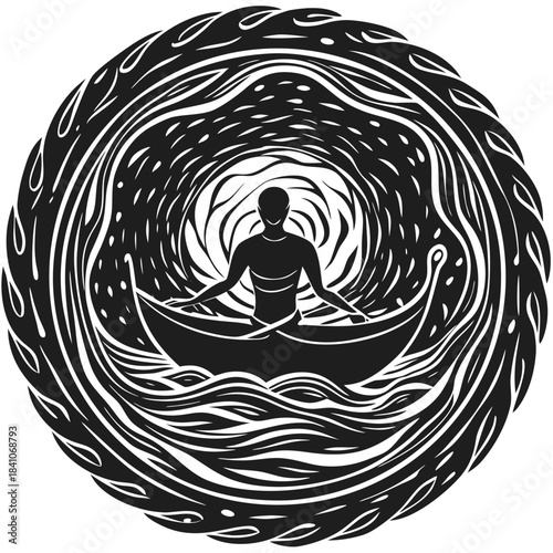 Person in boat on swirling water, spiritual journey, meditation.