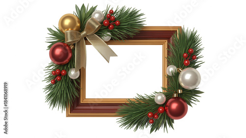 Christmas photo frame decorated with fir branches, red and gold baubles, silver ornaments, and a beige bow isolated on transparent background