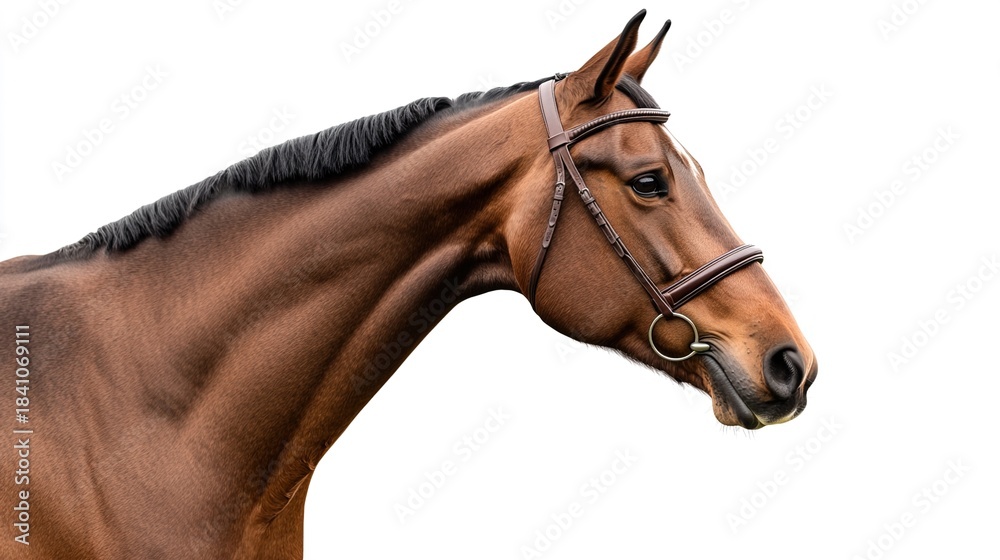 Obraz premium horsepower. Majestic bay horse in profile against a clean white background. wildlife magazines, conservation campaigns, designed for wildlife conservation campaigns, promotes animal welfare.