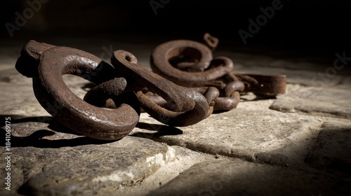 shackles. Rusted iron chains and broken manacles on a stone floor in dim light. public awareness campaigns, NGO reports, designed for public awareness campaigns and NGO communications.