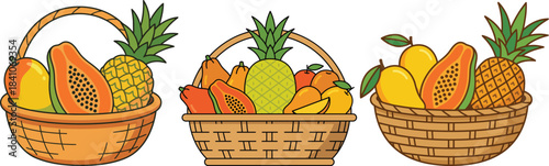 Three wicker baskets filled with a colorful assortment of tropical fruits