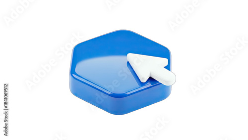 3D Click Arrow on Blue Hexagon Button - Isolated