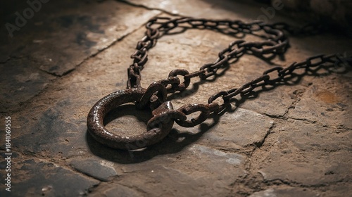 shackles. Rusted iron chains and broken manacles on a stone floor in dim light. public awareness campaigns, NGO reports, designed for public awareness campaigns and NGO communications.