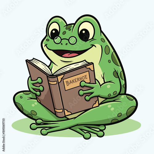A cheerful green frog deeply engrossed in reading a detailed book
