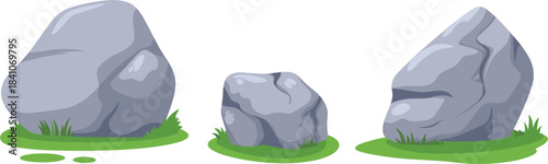 Natural grey rocks set on grass, stone boulders, geology mineral element, landscape nature drawing illustration
