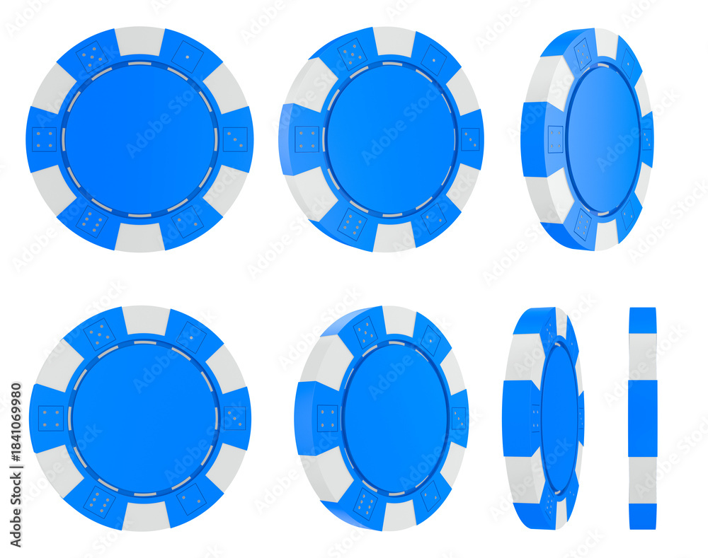 Fototapeta premium Set blue poker casino chips on white background. Isolated 3D illustration