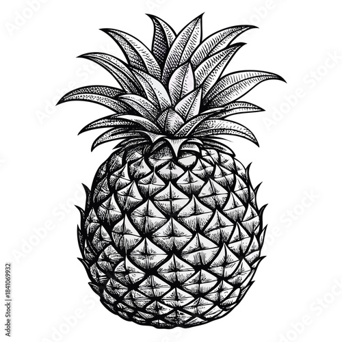 A detailed, hand-drawn black and white illustration of a ripe pineapple with spiky leaves, presented on a white background.