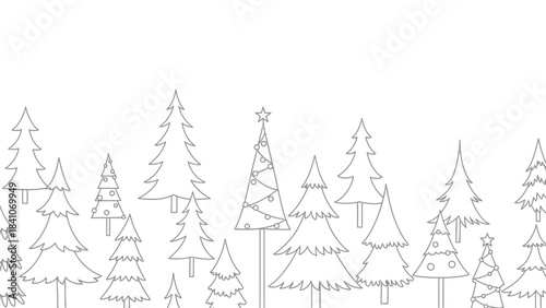 Charming line art illustration depicting a whimsical forest of evergreen trees, perfect for winter and holiday season designs, in a clean monochrome style